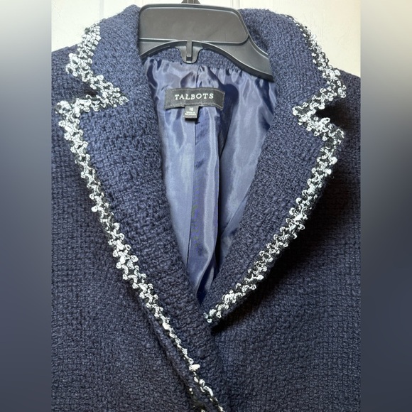 Talbots Woman’s Navy Blue Tweed Blazer Jacket With Braided White Trim Size 16 - Picture 2 of 9